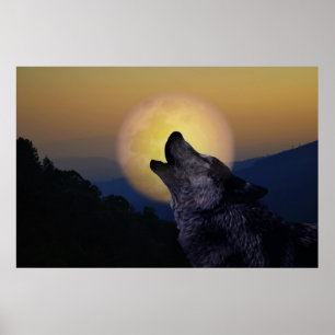 Wolf howling at the moon poster