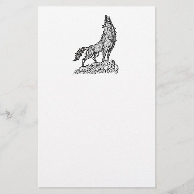 Wolf Howling at the Moon Silhouette Drawing Stationery (Front)