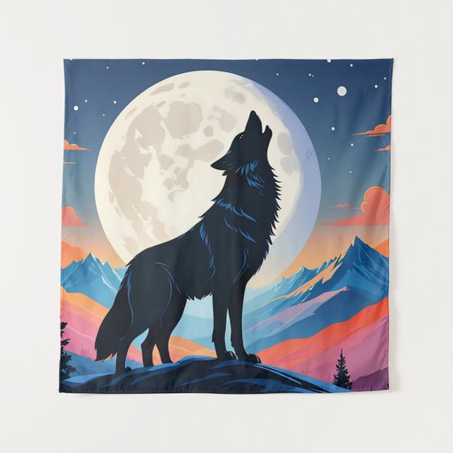 Wolf Howling At The Moon Tapestry (Front)