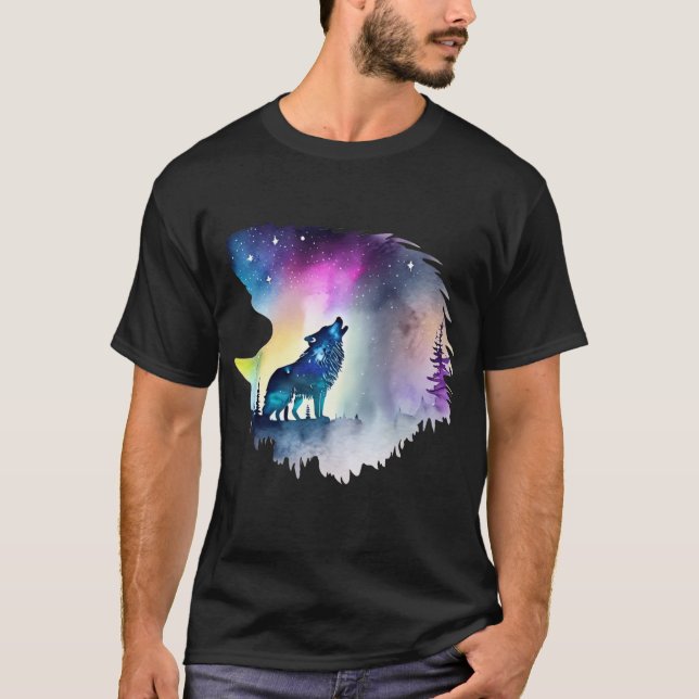 Wolf Howling at the Northern Lights T-Shirt (Front)