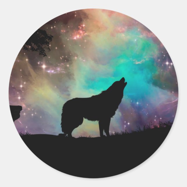 Wolf howling at the universe classic round sticker (Front)