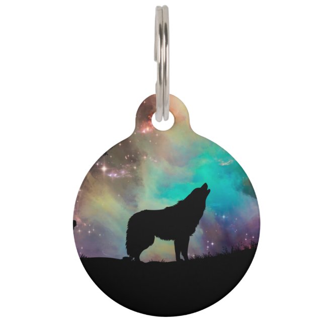 Wolf howling at the universe pet tag (Front)