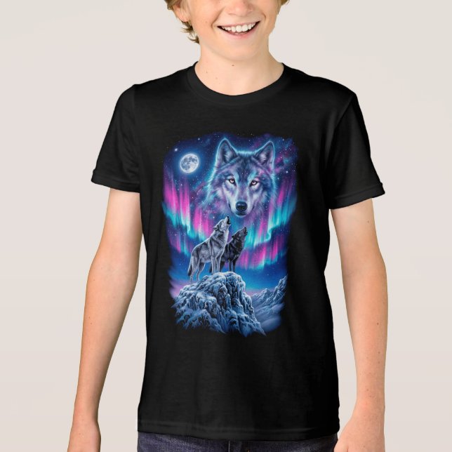 Wolf Howling Aurora Moon Tri-Blend Shirt (Front)