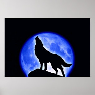 Wolf Howling Blue Full Moon Night Poster