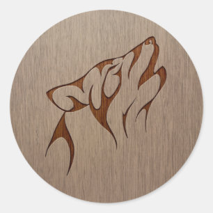 Wolf howling engraved on wood design classic round sticker