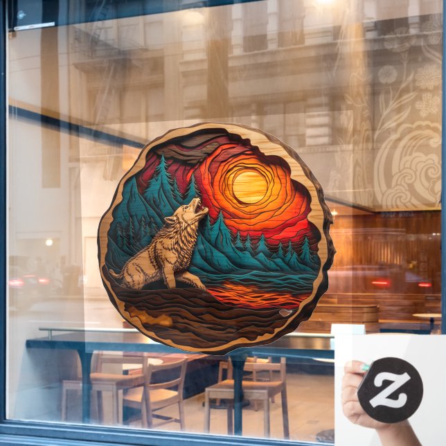 Wolf Howling Faux Wood Carving Wild Nature (Cafe Window)