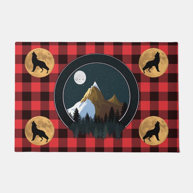 Wolf Howling Full Moon Door Mat (Front)