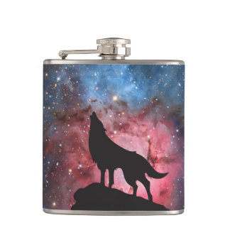 Wolf Howling in Galaxy Hip Flask