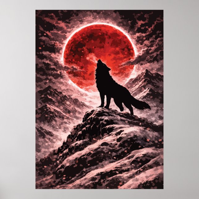 Wolf Howling In Red Moon Light - Japanese Art Poster (Front)