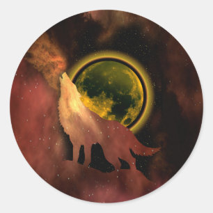 WOLF HOWLING IN SPACE MOON GALAXY CLASSIC ROUND STICKER