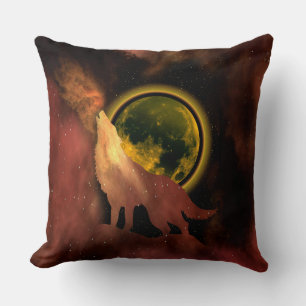 WOLF HOWLING IN SPACE MOON GALAXY   CUSHION