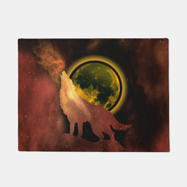 WOLF HOWLING IN SPACE MOON GALAXY   DOORMAT (Front)