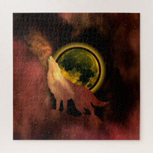 WOLF HOWLING IN SPACE MOON GALAXY    JIGSAW PUZZLE