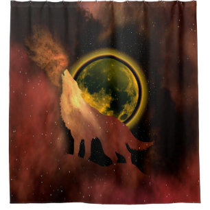 WOLF HOWLING IN SPACE MOON GALAXY SHOWER CURTAIN