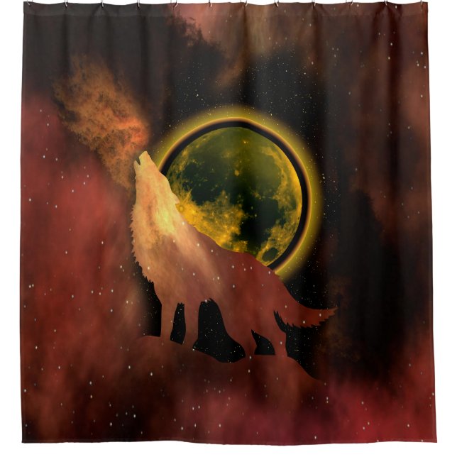 WOLF HOWLING IN SPACE MOON GALAXY   SHOWER CURTAIN (Front)