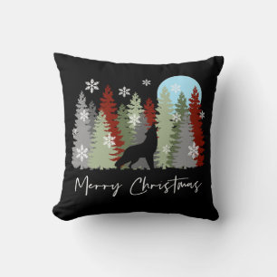 Wolf Howling In The Forest Merry Christmas Trees Cushion