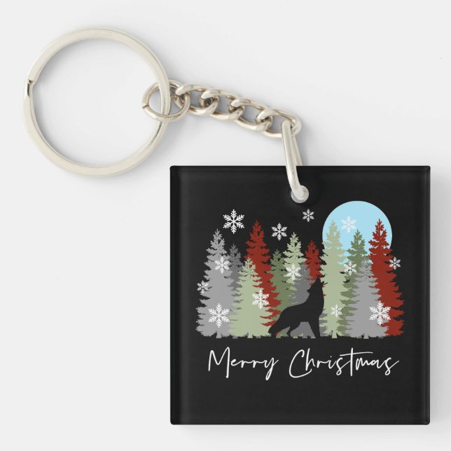 Wolf Howling In The Forest Merry Christmas Trees  Key Ring (Front)