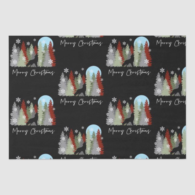 Wolf Howling In The Forest Merry Christmas Trees  Tissue Paper (Front)