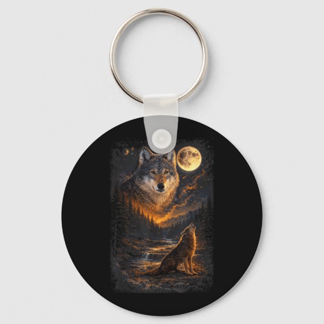 Wolf Howling Moon Forest Nature Wildlife Lovers Key Ring (Front)
