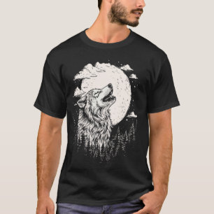 Wolf Howling Moon Forest Retro Nature Camper T-Shirt