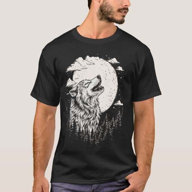 Wolf Howling Moon Forest Retro Nature Camper T-Shirt (Front)