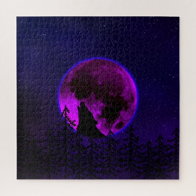 WOLF HOWLING MOON MAGENTA   JIGSAW PUZZLE (Vertical)