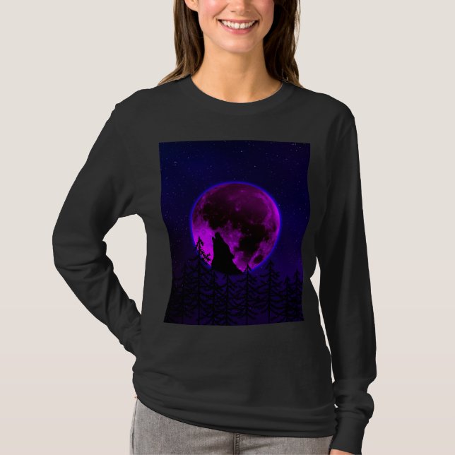 WOLF HOWLING MOON MAGENTA  T-Shirt (Front)
