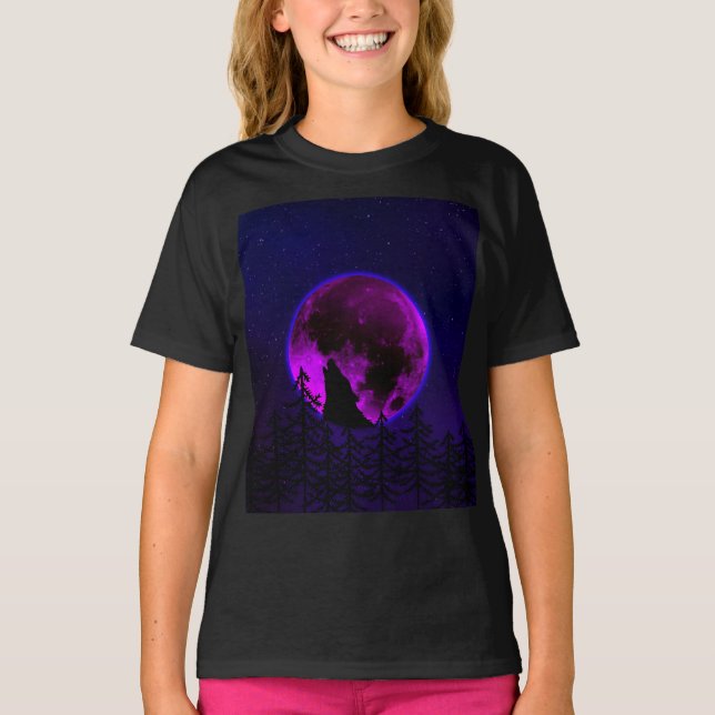 WOLF HOWLING MOON MAGENTA  T-Shirt (Front)
