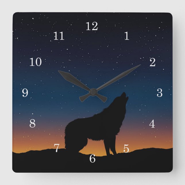 Wolf Howling Silhouette at Sunset Wall Clock (Front)