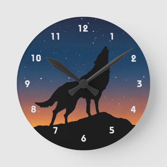 Wolf Howling Silhouette Night Sky and Stars Round Clock (Front)
