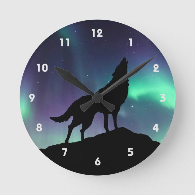 Wolf Howling Silhouette With Northern Lights Round Clock (Front)