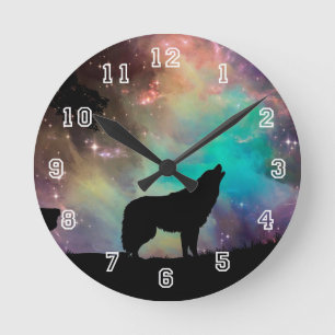 Wolf howling silhouette With Northern Lights Round Clock
