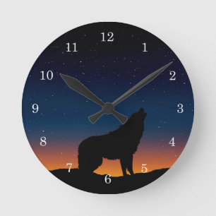 Wolf Howling Silhouette With Stars Wall Clock
