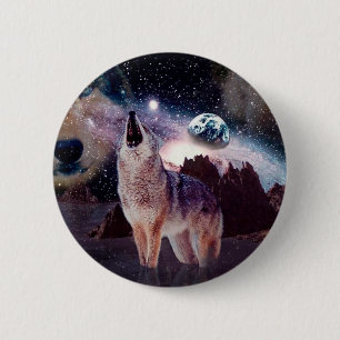 Wolf howling through the universe 6 cm round badge