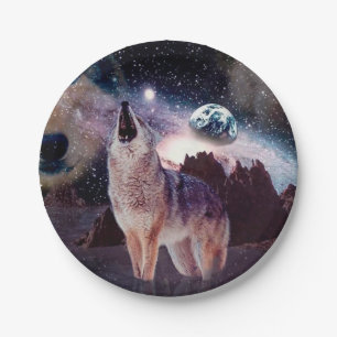Wolf howling through the universe paper plate