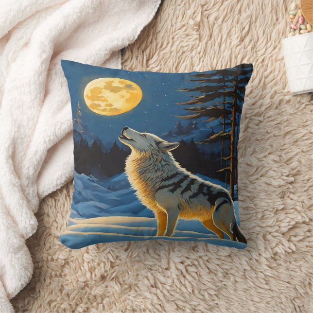 Wolf Howling Under Full Moon in Winter Landscape Cushion (Blanket)