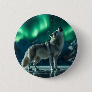 Wolf Howling Under the Northern Lights 6 Cm Round Badge