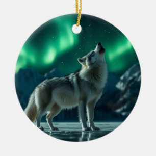 Wolf Howling Under the Northern Lights Ceramic Tree Decoration
