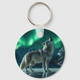 Wolf Howling Under the Northern Lights Key Ring
