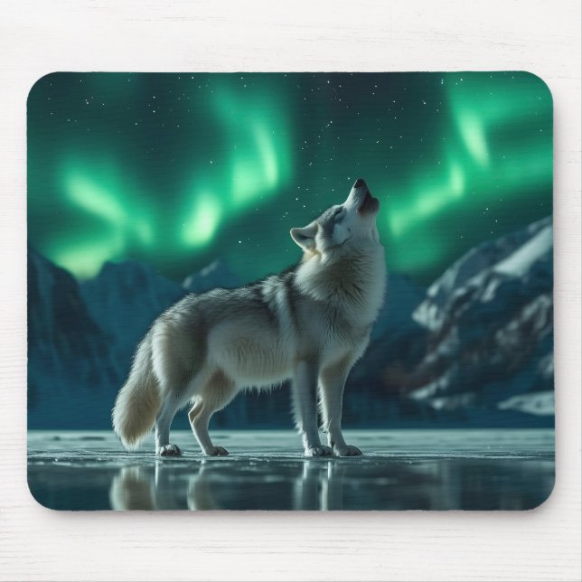 Wolf Howling Under the Northern Lights Mouse Pad (Front)