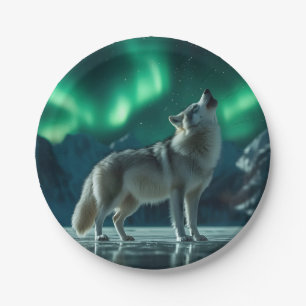 Wolf Howling Under the Northern Lights Paper Plate