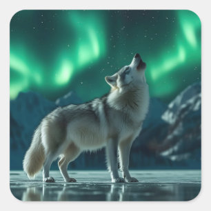 Wolf Howling Under the Northern Lights Square Sticker