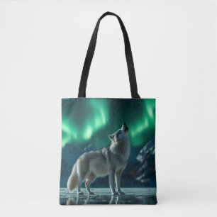 Wolf Howling Under the Northern Lights Tote Bag