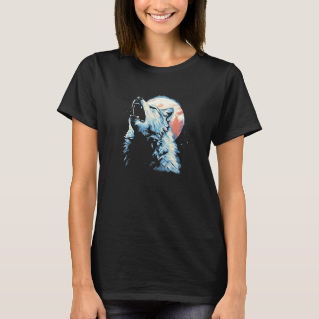Wolf Howling With Full Moon in Background - Wolf L T-Shirt (Front)