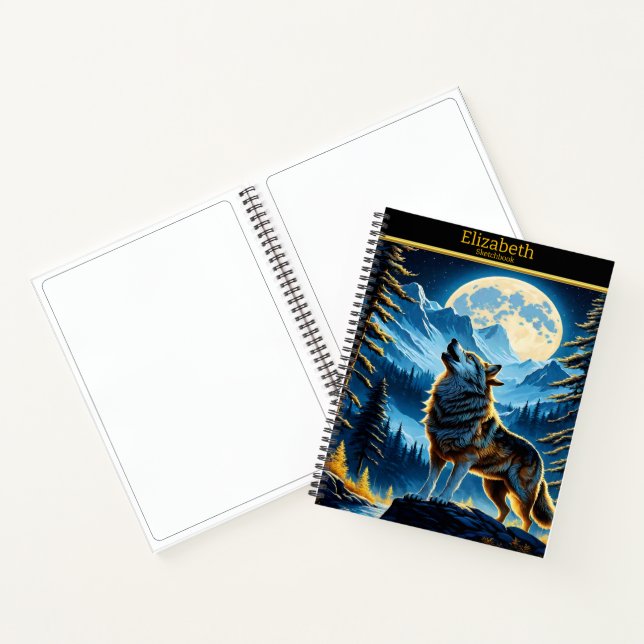Wolf howls at the full moon in mountains notebook (Inside)