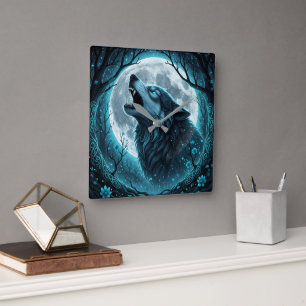 Wolf Howls on Full Moon Square Wall Clock