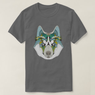 Wolf husky embellished green blue T-Shirt