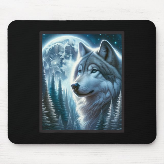Wolf Icy Moon Galaxy Hunting Ground Grey Wolves Fo Mouse Pad (Front)