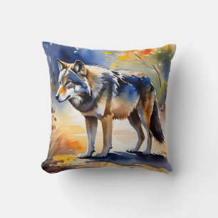Wolf in a forest watercolor painting cushion