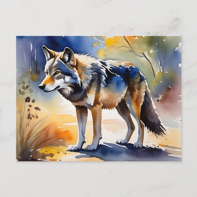 Wolf in a forest watercolor painting postcard (Front)